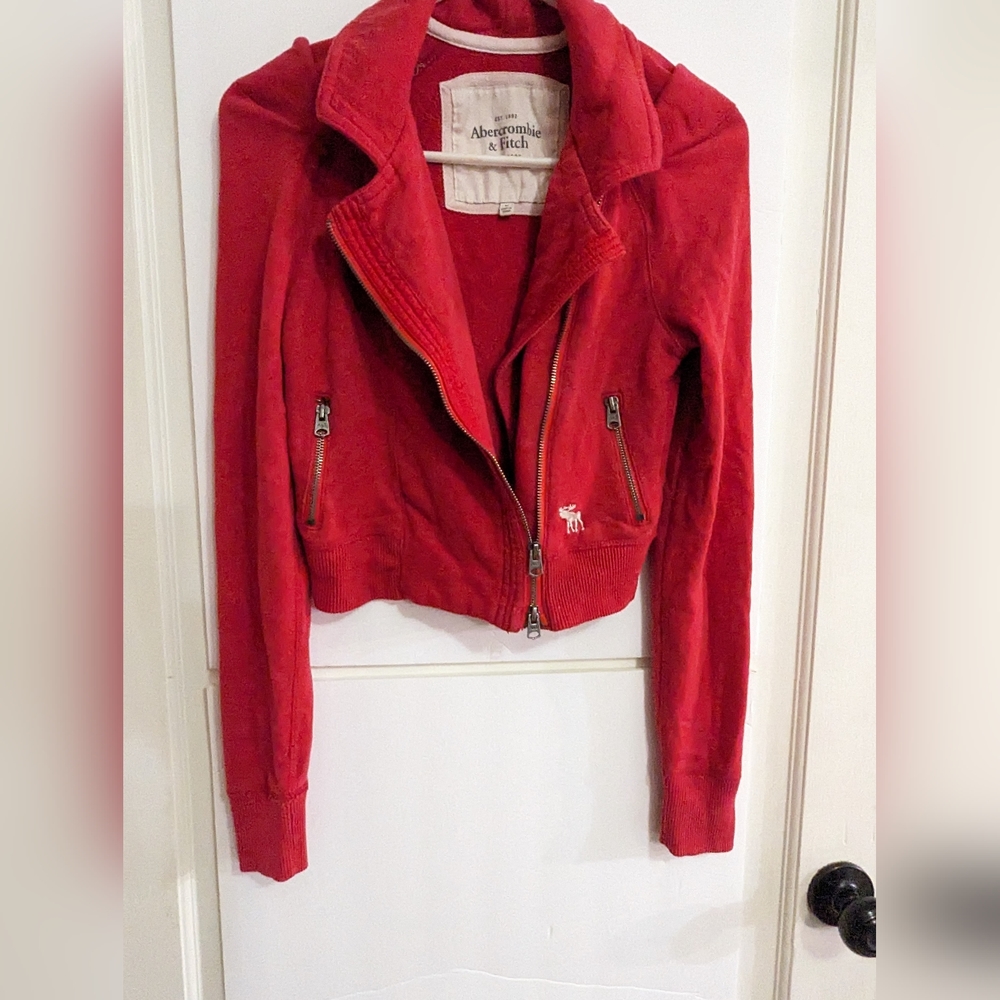 Abercrobie & Fitch Woman's Medium Red Bomber Style Zippered Sweatshirt Jacket